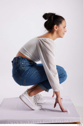 Whole Body Woman White Casual Slim Kneeling Studio photo references